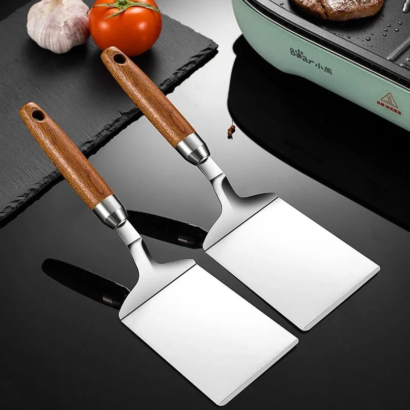 Espátula de cozinha de bife de cabeça quadrada de aço inoxidável pá de pizza panqueca virador de carne raspador cabo de madeira utensílios para churrasco para cozinha