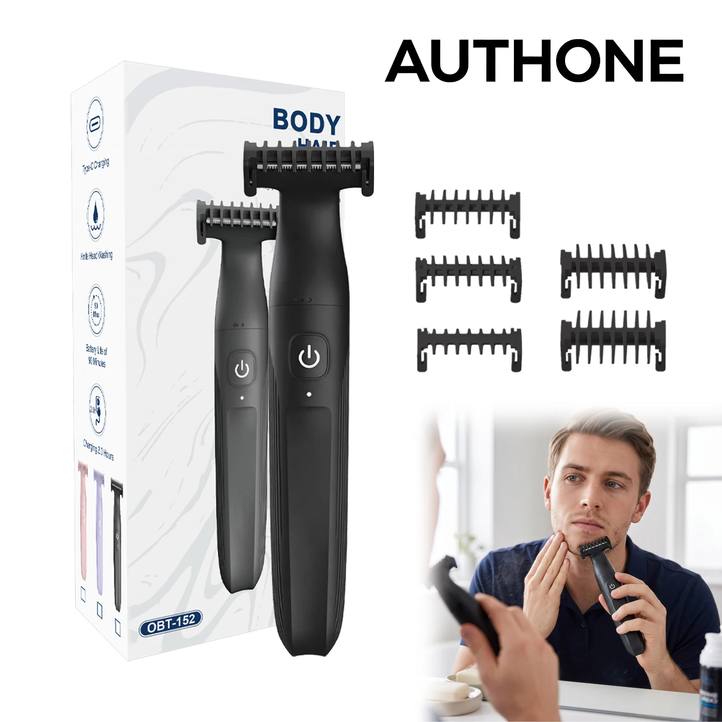 Aparador de Cabelo e Barba à Prova d'Água AUTHONE One Blade, Lâmina para Corpo, Pubis e Biquíni, Barbeador Elétrico Facial Recarregável para Homens e Mulheres