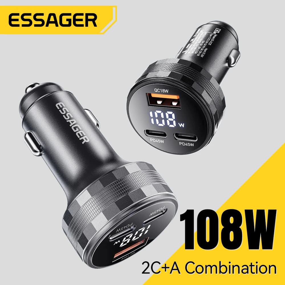 Essager USB C Carregador de carro 3 portas 108W Tipo C Carga rápida PPS PD3.0 QC Carregador de telefone para carro para iPhone 16 15 Samsung Huawei Xiaomi