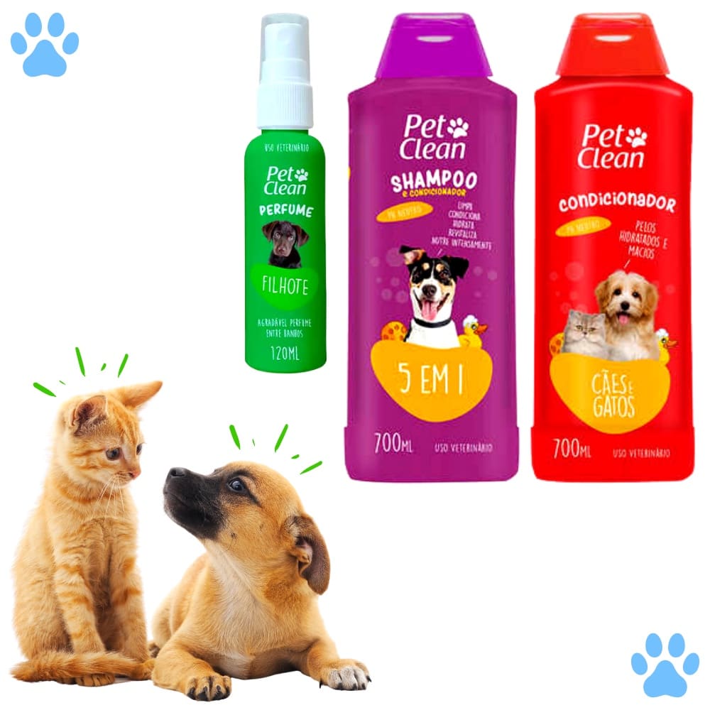 Kit Banho Pet Clean – Shampoo 5 em 1 + Condicionador + Perfume para Cães e Gatos
