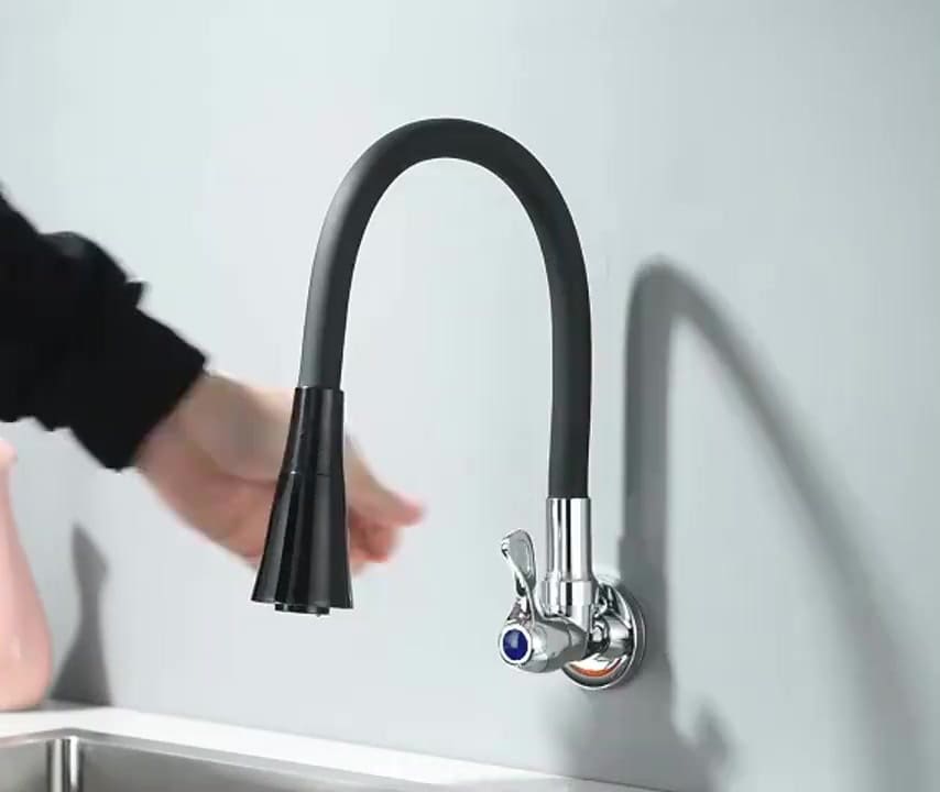 Torneira Cozinha Parede Preta Flexível Duplo Jato Cone 1/4 de Volta