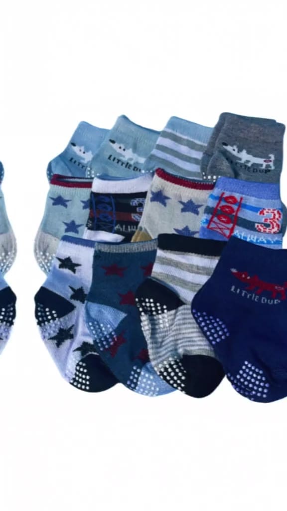 Kit 6 e 12 Pares de Meias Masculino para Recém Nascidos e Bebê Menino c/ Antiderrapante
