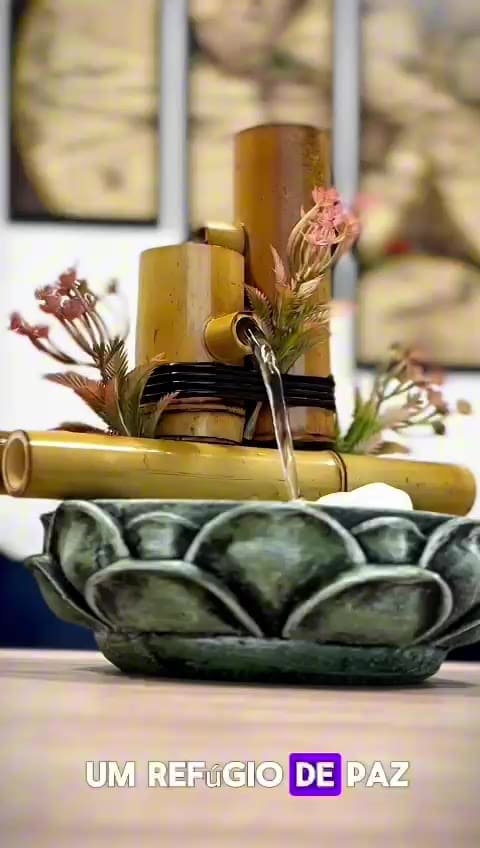 Fonte de Água Decorativa em Bambu – Cascata com Flor de Lótus