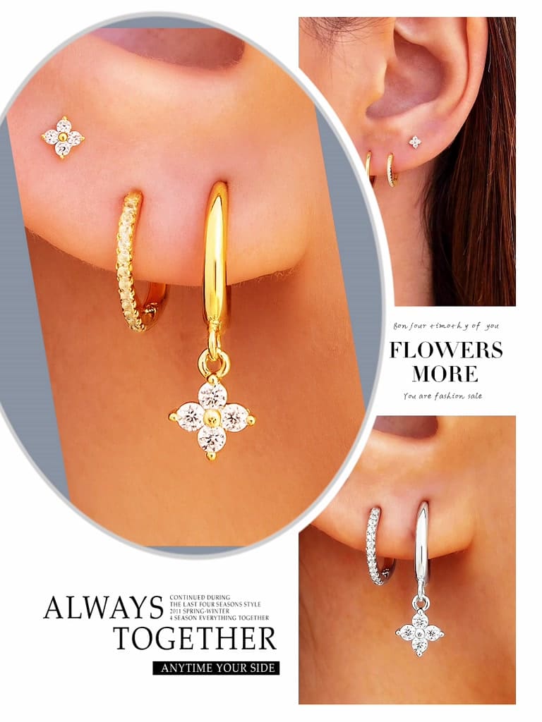 Kit 3 pares de brincos femininos prata 925, pingentes de flores incrustados com zircônia, banhados a ouro 18K