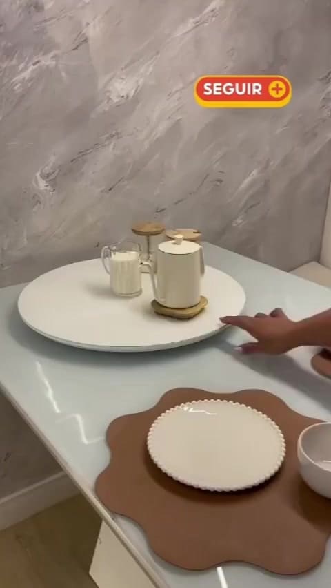 Centro Mesa Prato Giratório Off White Slim 40cm Tampa de Vidro Para Decoração Sala e Cozinha