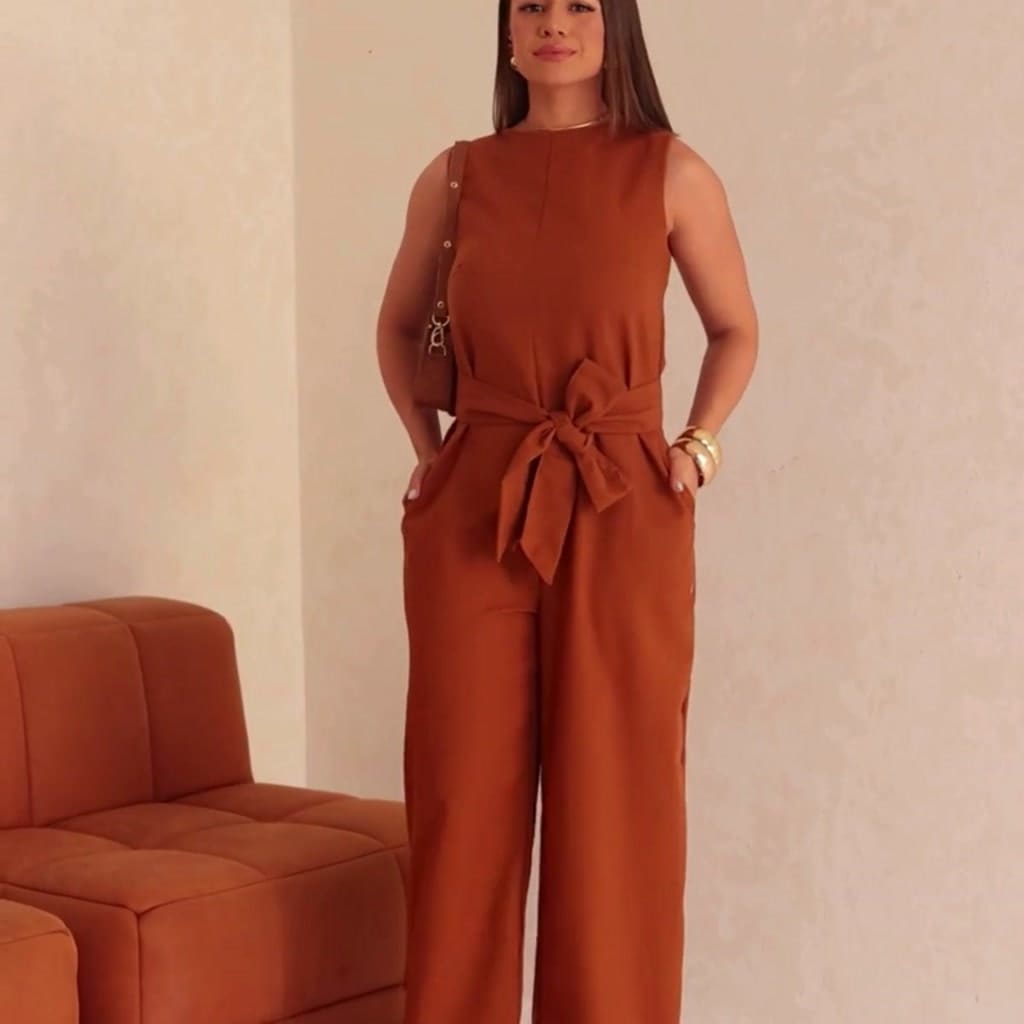Macacão Feminino Linho Pantalona Elegante Com Faixa Cintura Alta Sem Manga Decote Fechado Longo Premium