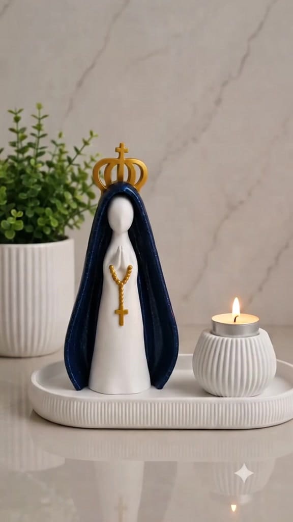 Kit Escultura Nossa Senhora Aparecida Bandeja Vela Coroa Minimalista Decorativa 14cm Quarto Sala Rack Escritório