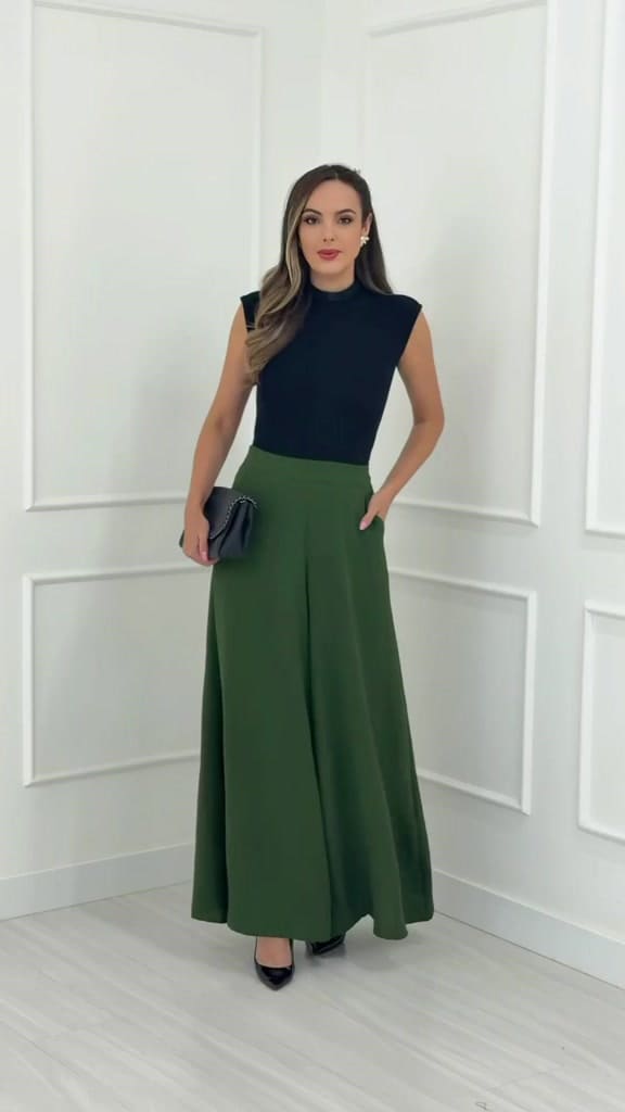 Calça Feminina Pantalona Boca De Sino Com Bolso Com Forro Cintura Alta Com Zíper Cód 102 na