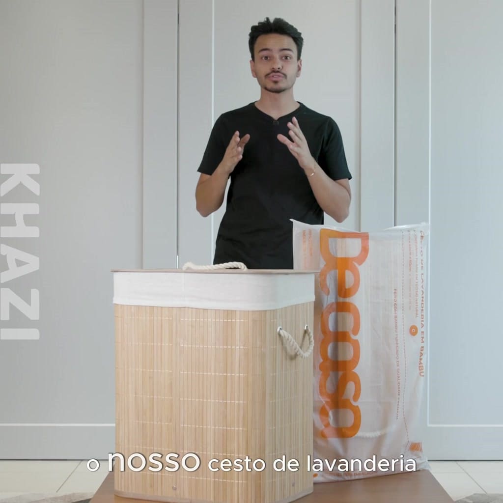 Cesto De Roupa Suja Bambu 72 Litros Lavanderia Com Tampa e Alças Forrado Grande Organizador Banheiro