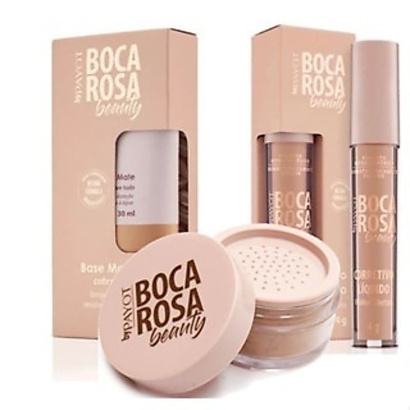 Kit Boca Rosa Beauty Base, Corretivo e Pó Solto Alta Cobertura