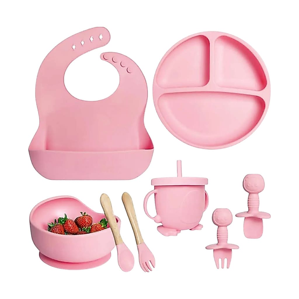 Kit Bebê Alimentação Silicone Prato Papinha Copo Colher Garfo Babador Infantil Introdução Criança