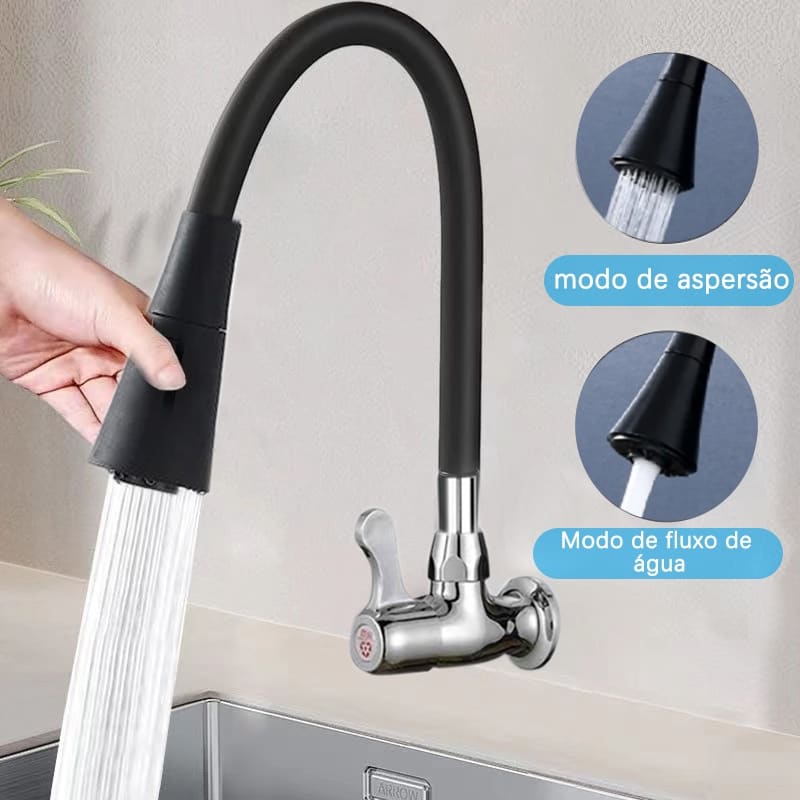 Torneira Gourmet de Parede para Cozinha Flexível Preta – Duplo Jato Cone 1/4 de Volta