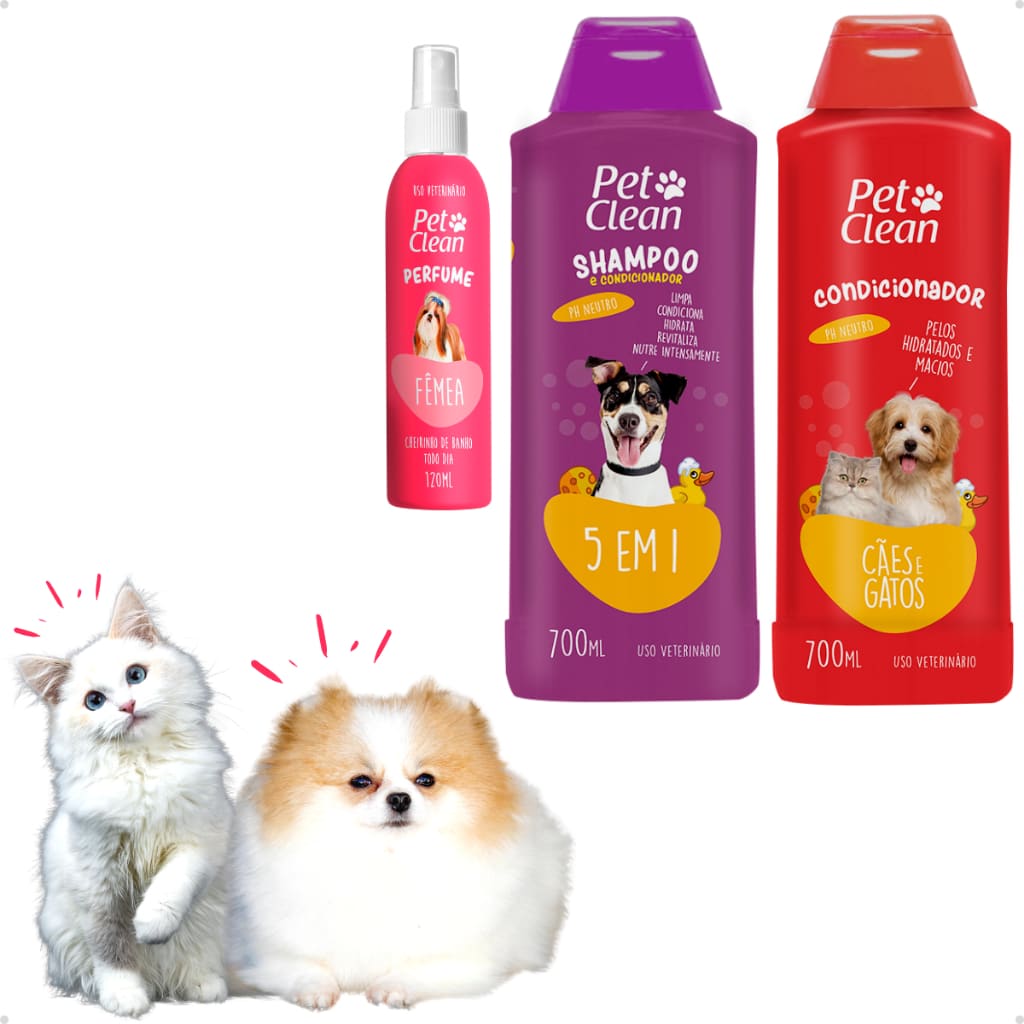 Kit Banho Pet Clean – Shampoo 5 em 1 + Condicionador + Perfume para Cães e Gatos