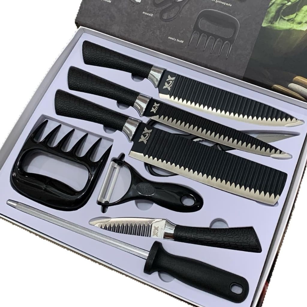 Kit Churrasco Conjunto de 08 Peças Facas Gourmet Corte Navalha Antiaderente Premium Presente Maleta