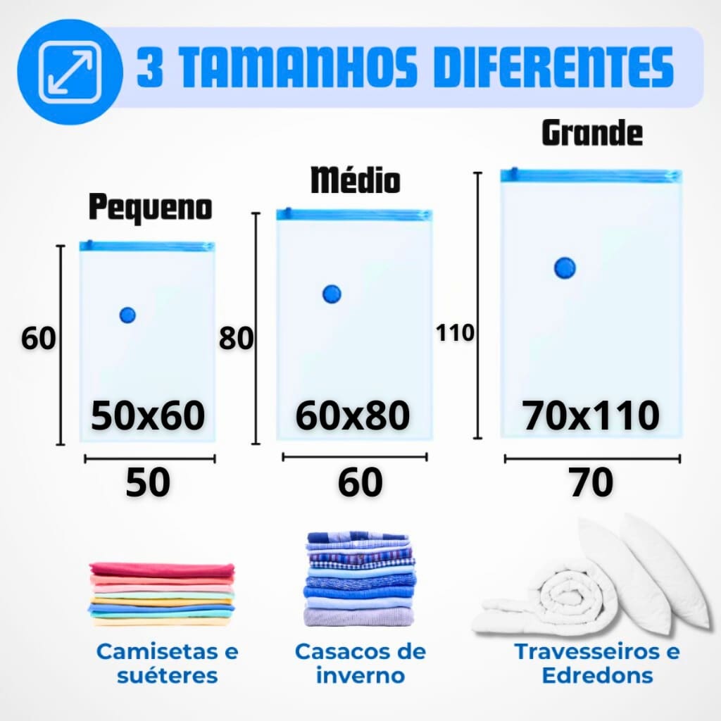 Kit Saco a Vácuo + Bomba Elétrica 110v 220v Organização de Roupas Mala Viagem Guarda Roupas