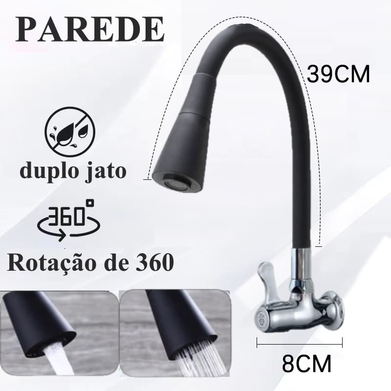 Torneira Cozinha Parede Preta Flexível Duplo Jato Cone 1/4 de Volta