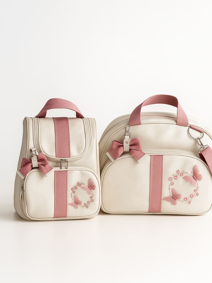 Bolsa Maternidade Luxo kit Bordado 2 Peças Menino / Menina BORBOLETAS 3D / SAFARI Mamãe e bebê