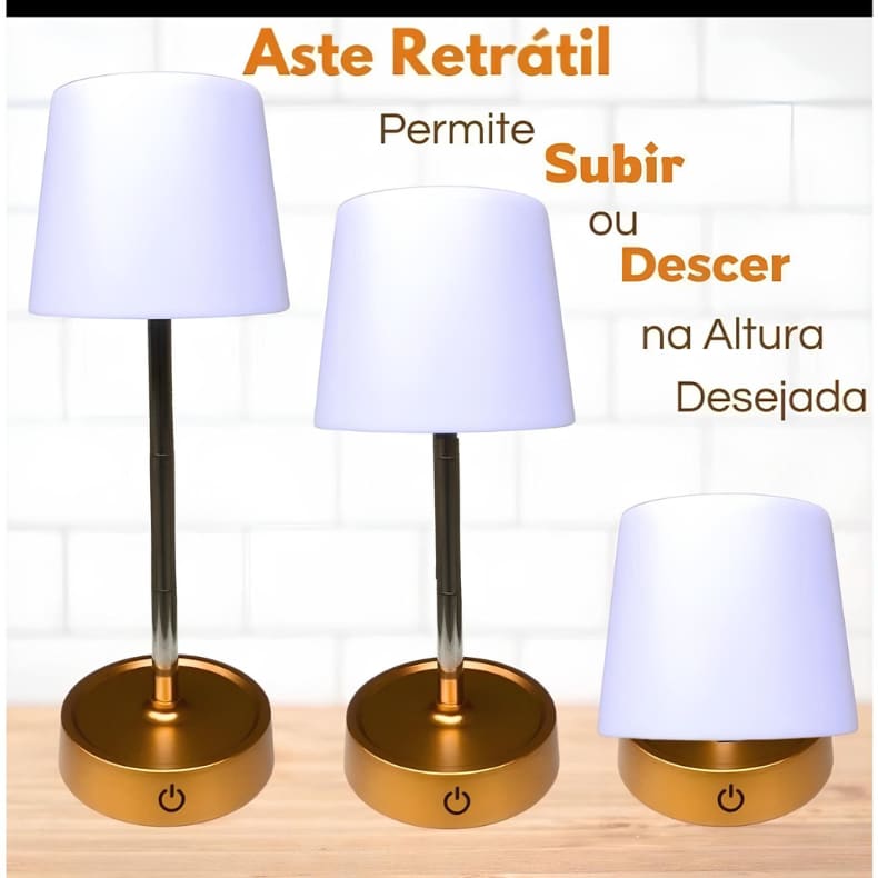 Abajur Recarregável Touch Luminária Retrátil em Aço com Luz de Led Branco Quente Ajustável-USB