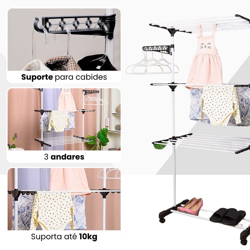 Varal De Chão Roupa Calcinha Grade 3 Andares Dobrável Portátil