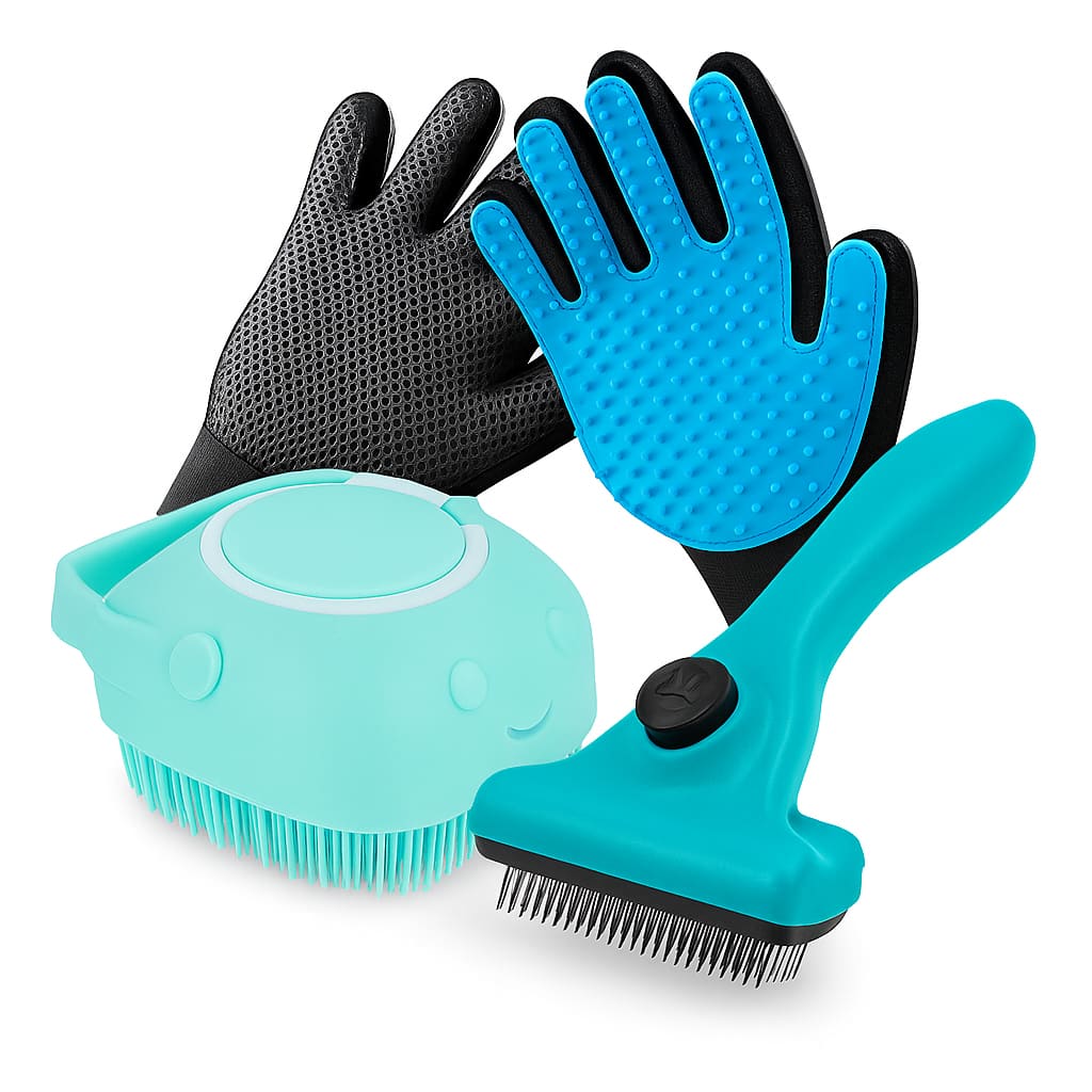 Kit Cuidados Pet 3 em 1 – Luva Tira-Pelos + Escova de Banho + Removedor de Pelos