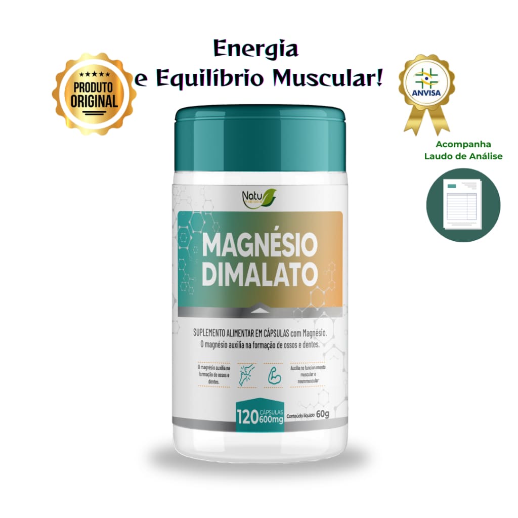 Magnésio Dimalato 600mg 120 Cápsulas Alta Concentração Original Uso Diário Premium