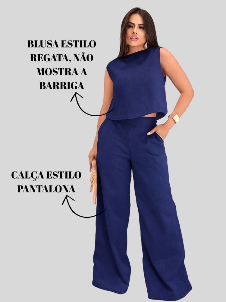 Conjunto Alfaiataria Social Feminino Calça e Blusa Em Linho