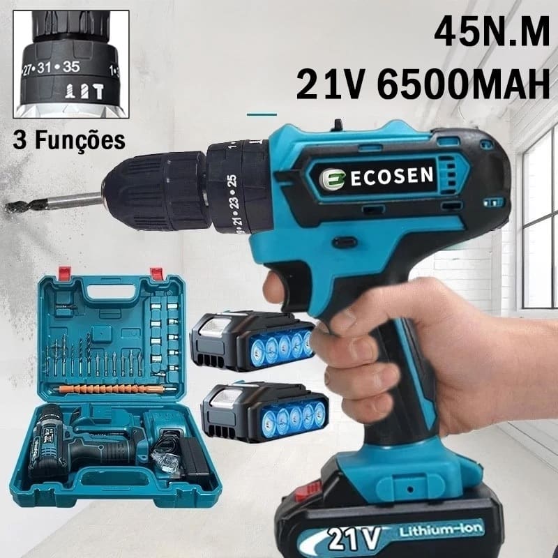 Furadeira/Parafusadeira 3/8" bateria 21V ou 12V com maleta e acessórios ECOSEN