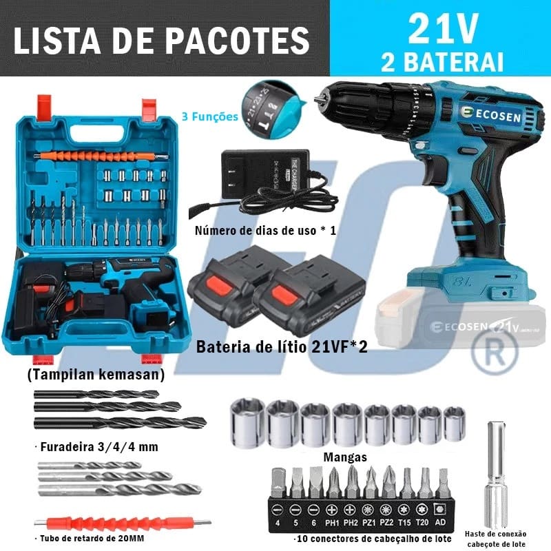 Furadeira/Parafusadeira 3/8" bateria 21V ou 12V com maleta e acessórios ECOSEN