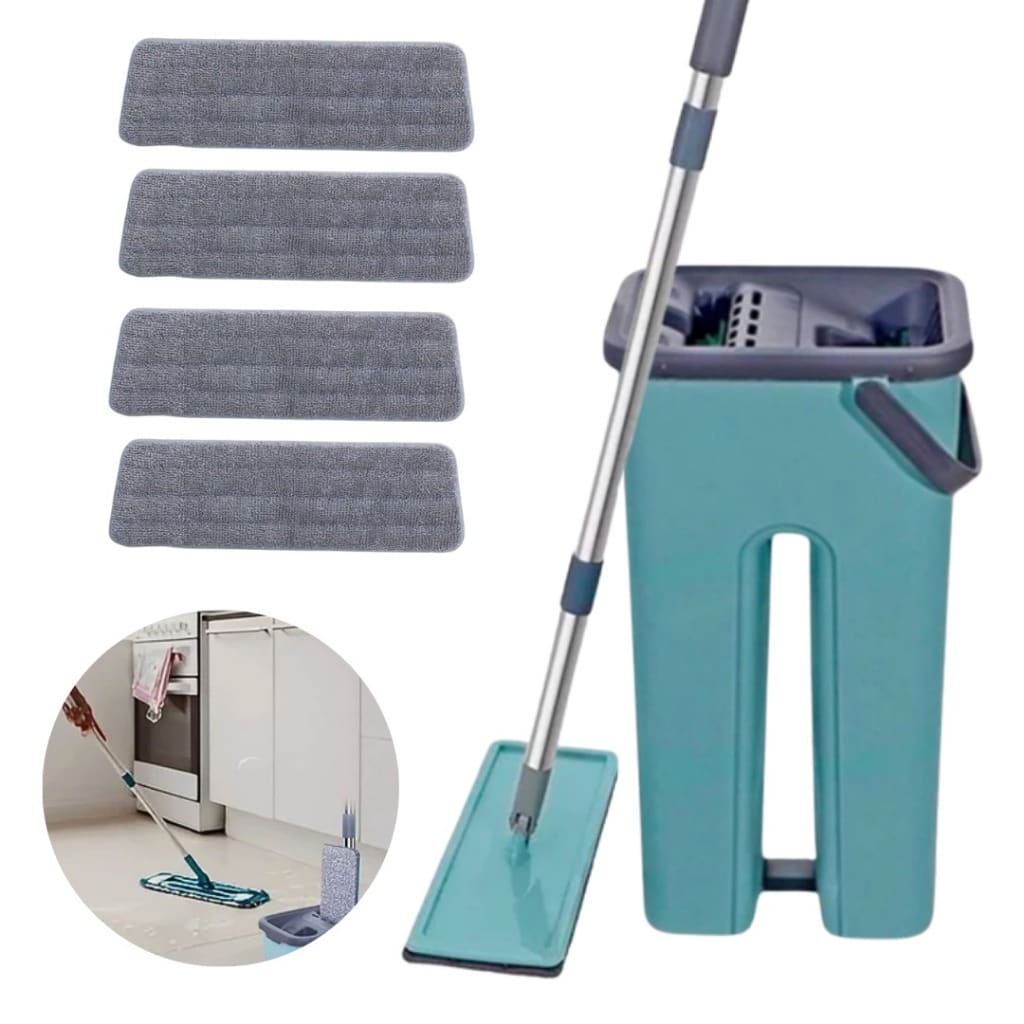 Mop Flat Esfregão Com Balde Rodo Mágico Lava Seca Tira Pó + 4 Refil