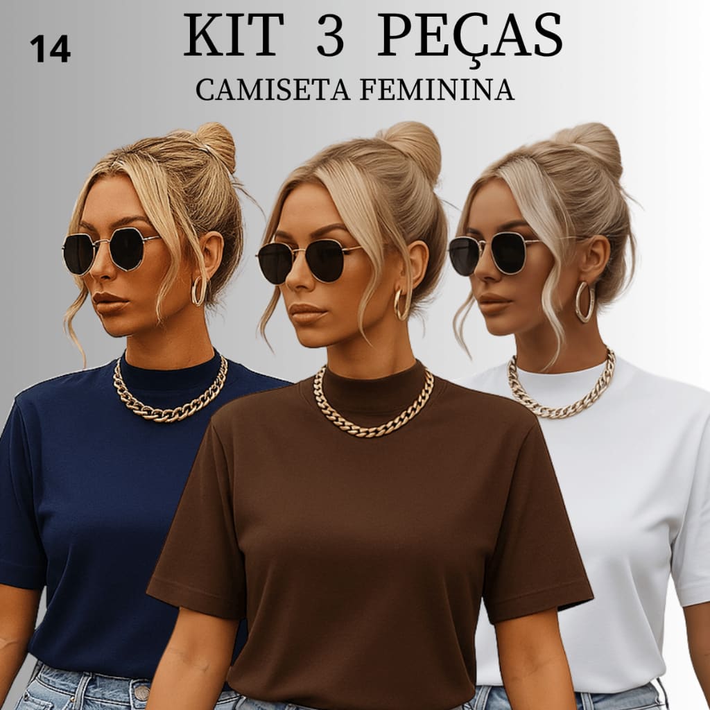 Kit 3 Blusas Feminina Blusinha T-shirt Oversized Gola Alta Lisa algodão macio