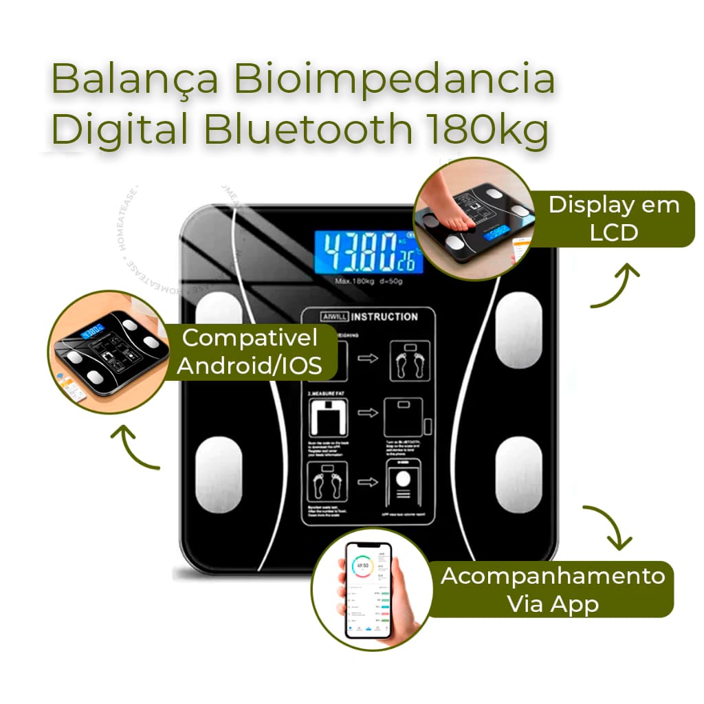 Balança Bioimpedancia Digital Bluetooth Corporal até 180kg Resultado Pelo Celular