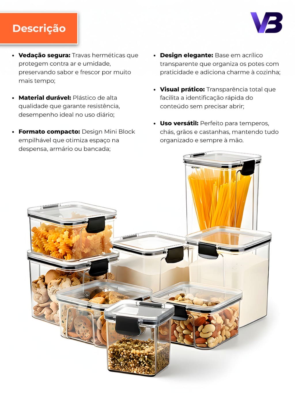 Kit Potes Herméticos Organizador de Mantimentos Transparente Com Trava BPA Free