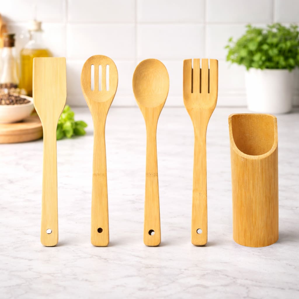 Kit 5 Utensílios de bambu Cozinha Casa Colher Espátula suporte Anti Fungos ENVIO IMEDIATO