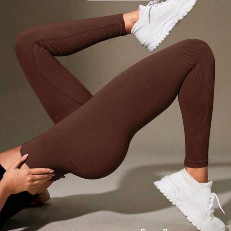 Calça Legging Canelada de Cintura Alta Sem Costura para Academia Feminina, Elástica e Fitness