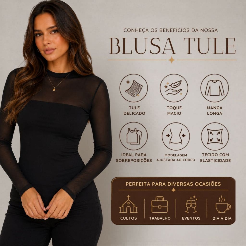 Blusa Tule Feminina Manga Longa Transparente Segunda Pele Elegante Sofisticada Moda Blogueira Varias Cores