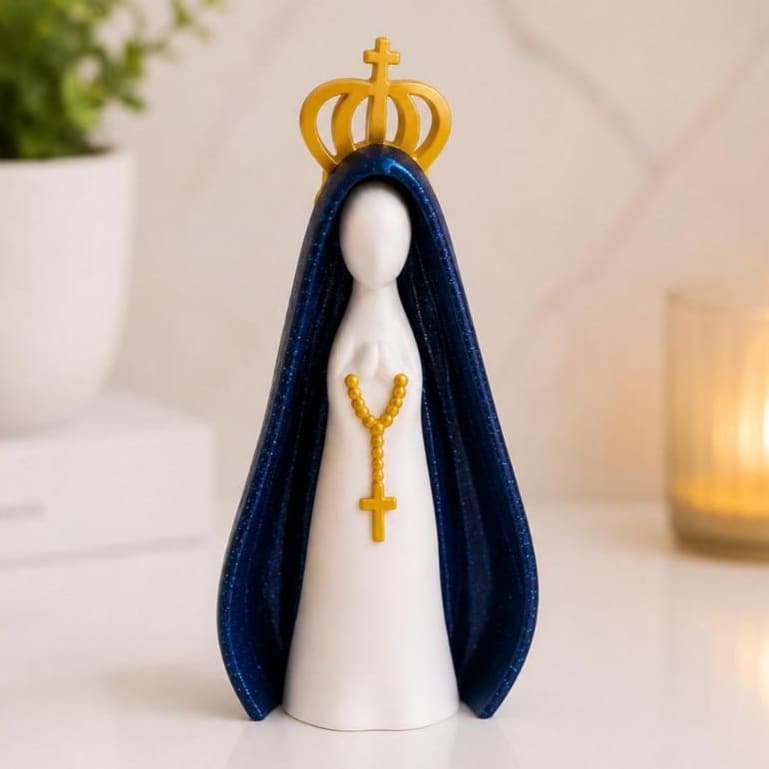Kit Escultura Nossa Senhora Aparecida Bandeja Vela Coroa Minimalista Decorativa 14cm Quarto Sala Rack Escritório