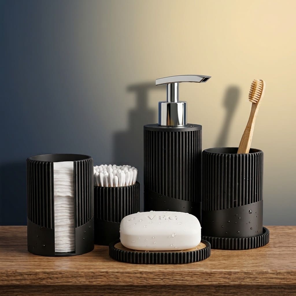 Kit Acessórios Para Banheiro Minimalista Japandi 5 Peças | Dispenser, Saboneteira e Porta Escovas Elegante