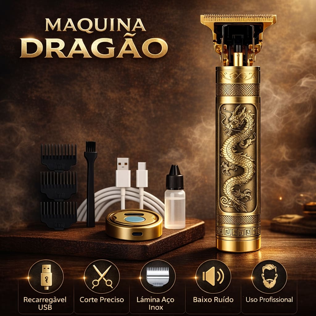 Máquina Profissional Dragão Acabamento Sem Fio Cabelo Barba Pezinho Limitador de Lamina Ajustável