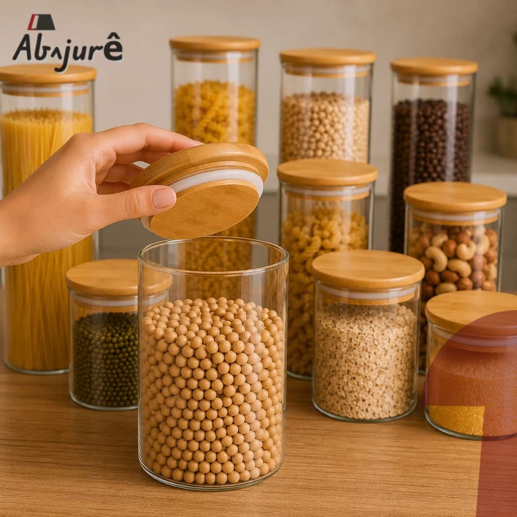 Kit 9 Potes De Vidro Hermético Com Tampa De Bambu Organizador de Cápsula De Café Pastas Bolachas Bala