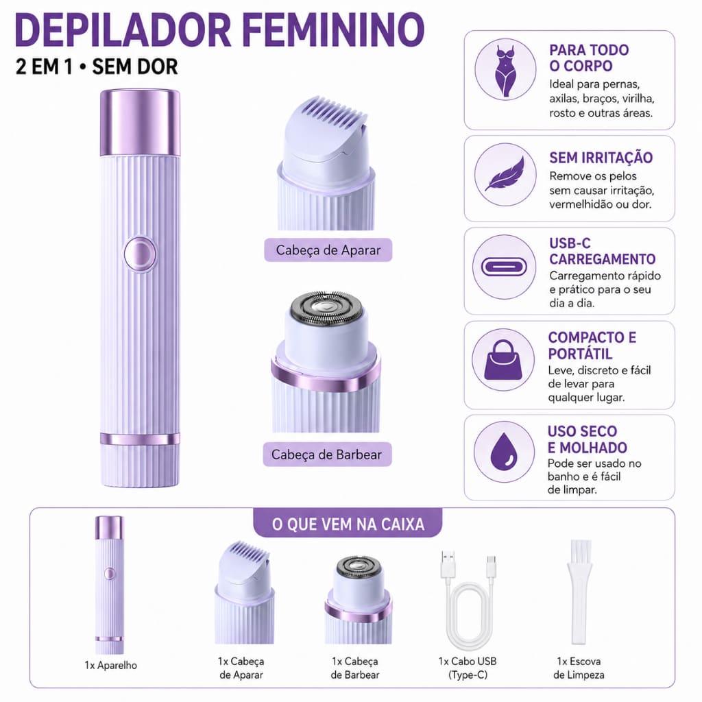 Depilador elétrico recarregável feminino, lâmina dupla, sem fio, portátil, pernas, axilas e ferramenta de remoção de pel