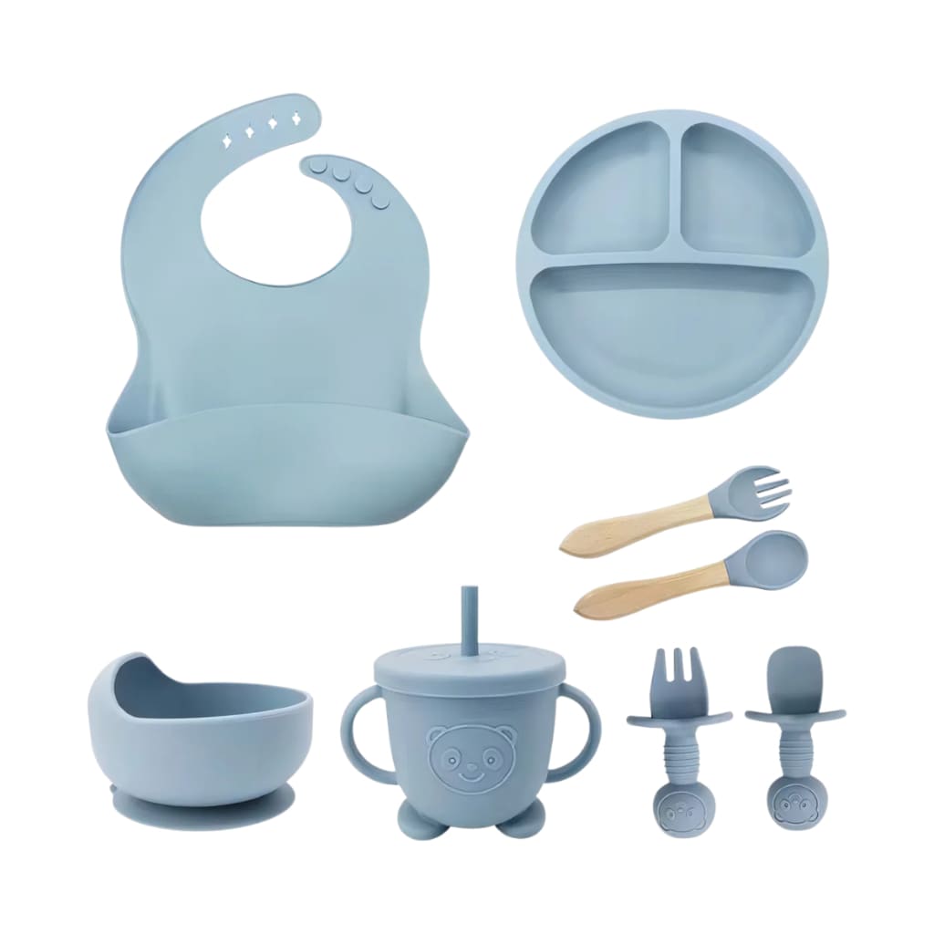 Kit Bebê Alimentação Silicone Prato Papinha Copo Colher Garfo Babador Infantil Introdução Criança