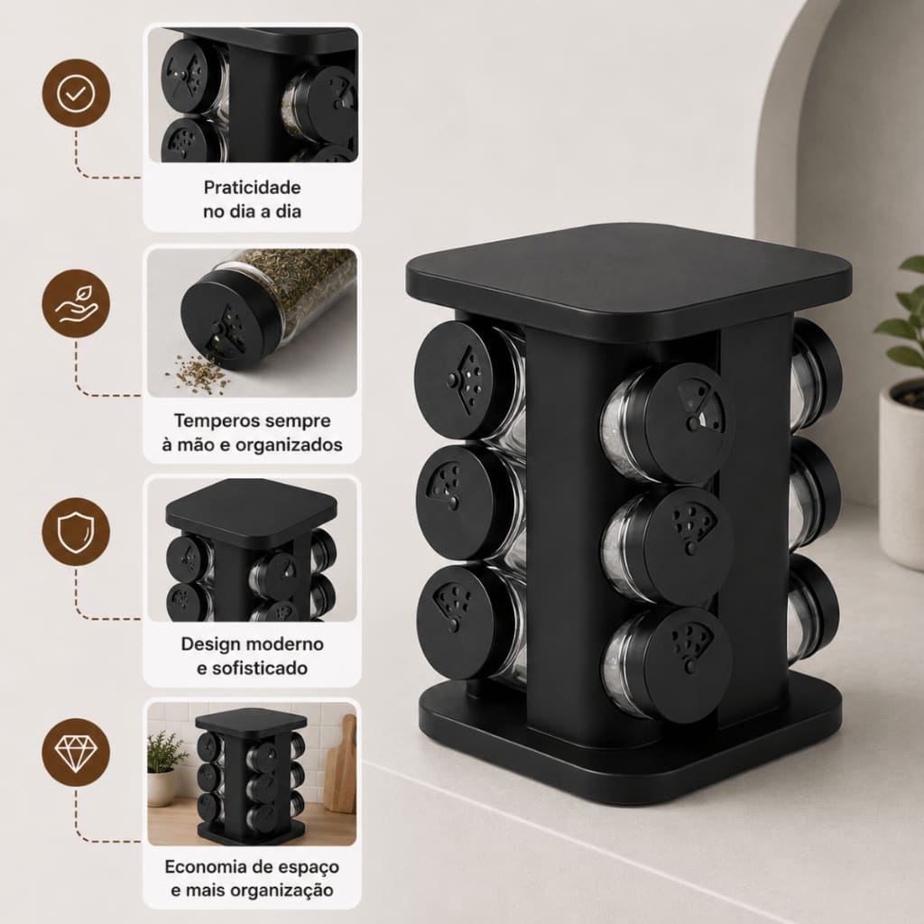Porta Temperos Giratório – 6, 9 ou 12 Potes de 85 ml