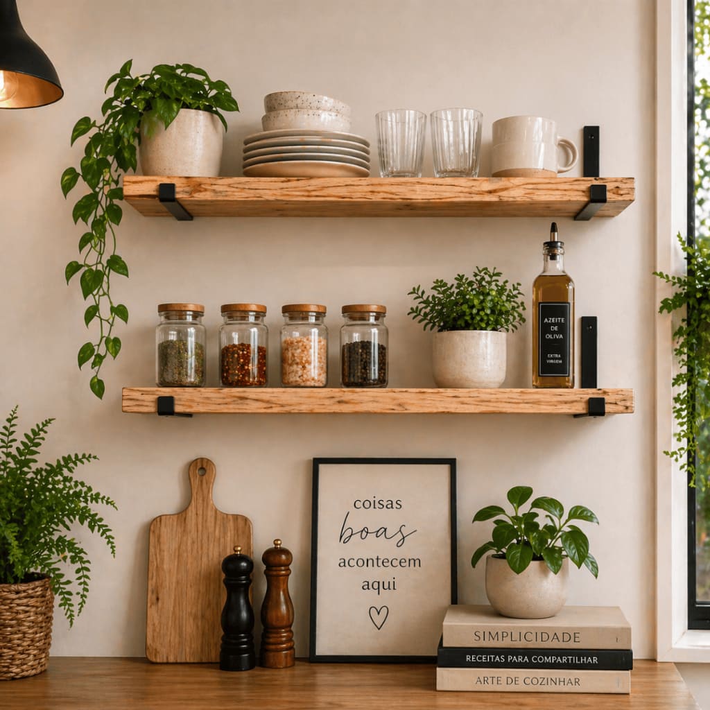 Prateleiras Decorativa Madeira Natural Estilo Industrial Suporte Mão Francesa Invertida Reforçada