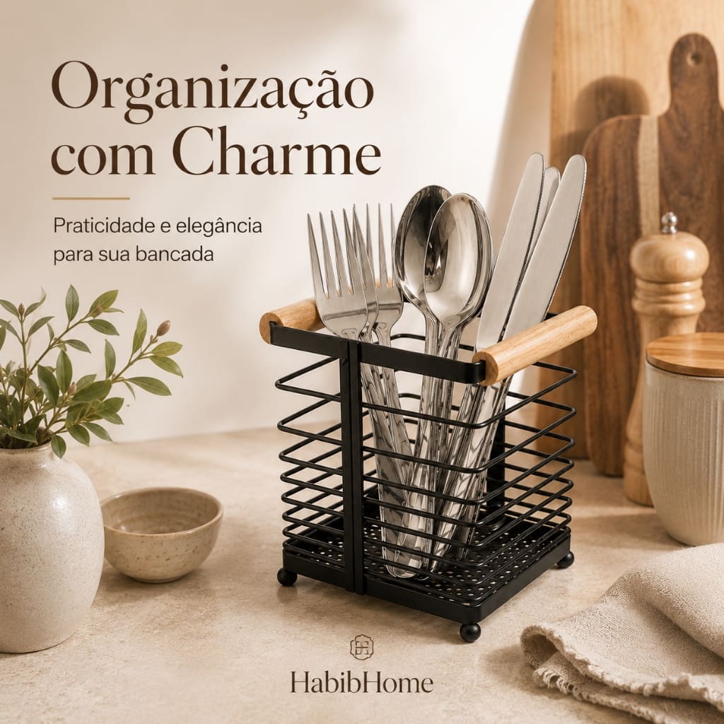 Porta Talher Madeira e Ferro • Organizador de Talheres para Cozinha • Mesa Posta