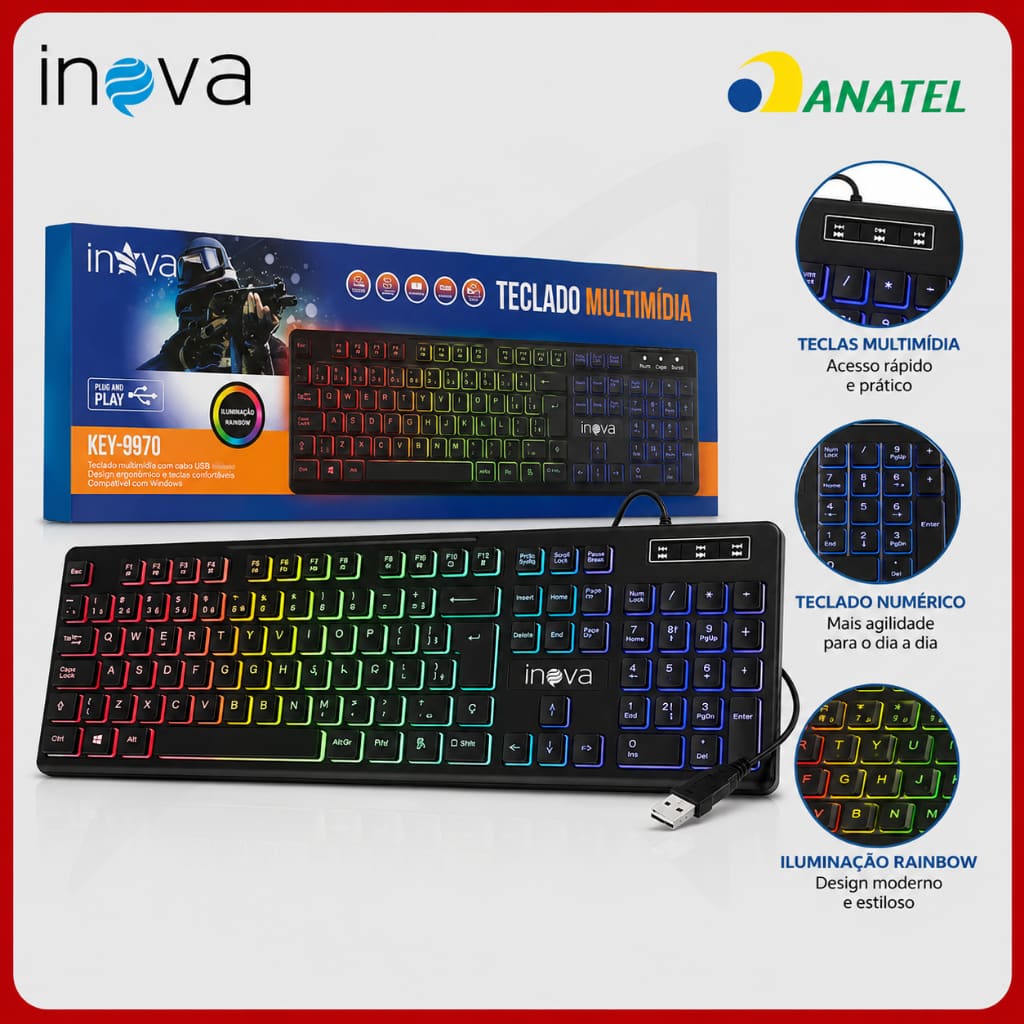 Teclado Gamer LED Com Fio USB Preto RGB Anti Ghosting Multimídia