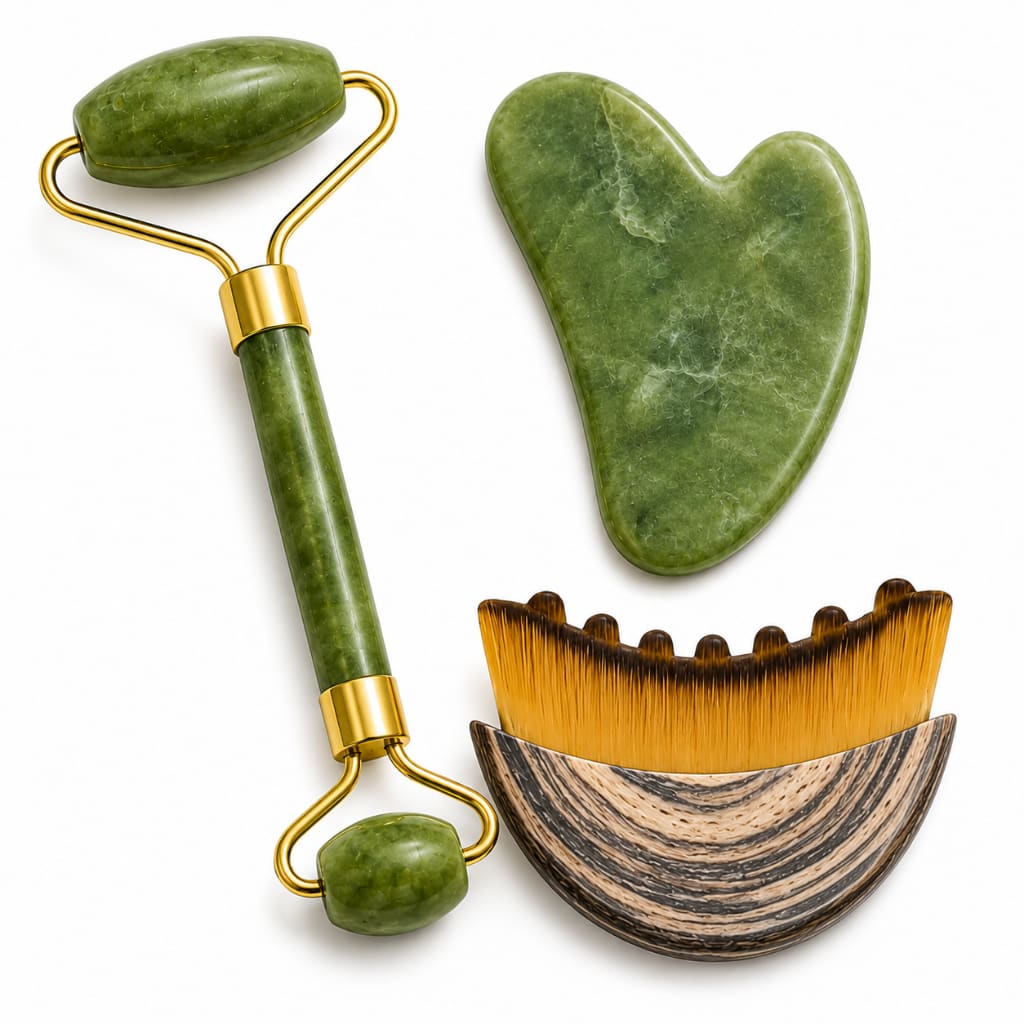Kit Massagem Facial Premium com Rolo de Jade Verde, Pedra Gua Sha e Escova para Drenagem Linfática