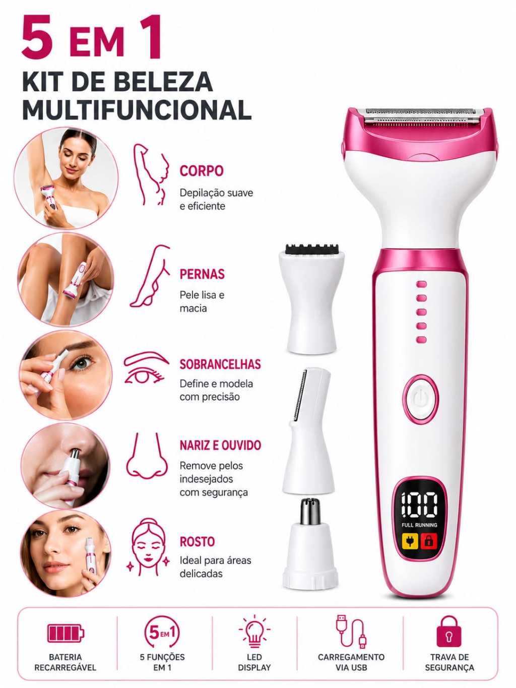 Depilador Elétrico 5 Em 1 Aparador de pelos Recarregável Facial Corporal Kit de Beleza Usb