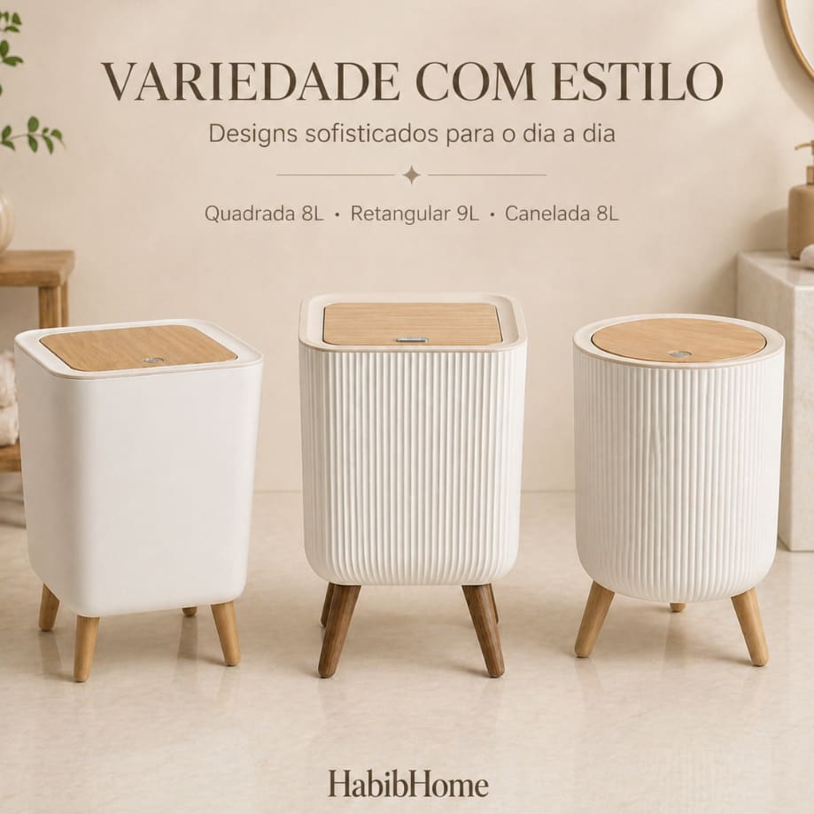 Lixeira Decorativa Moderna | 8L e 9L com Tampa Click Bambu | Pés Simulam Amadeirado