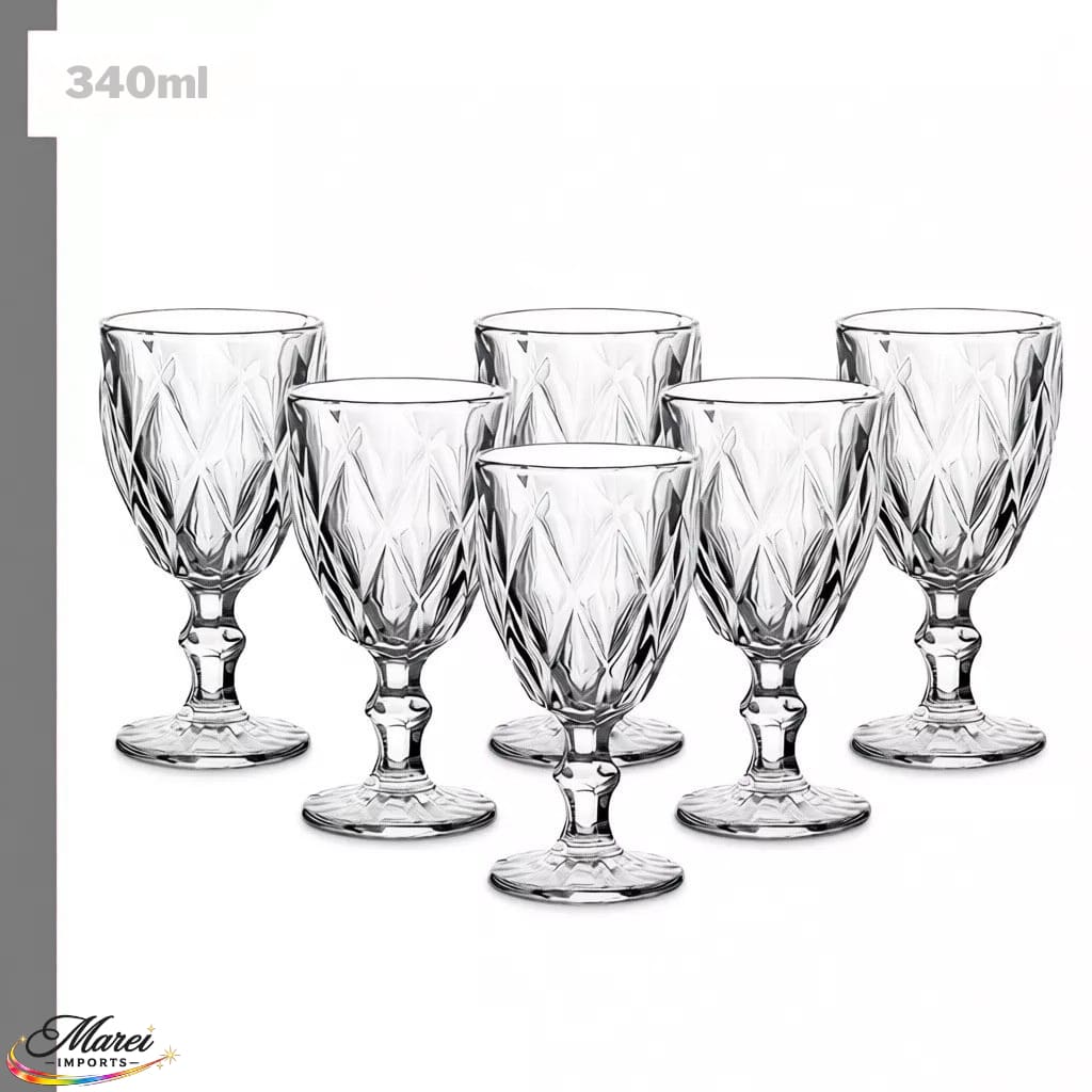 Jogo 6 Taças 340ml Copo Diamante Copo Vidro Transparente Bico De Jaca Kit Diamond
