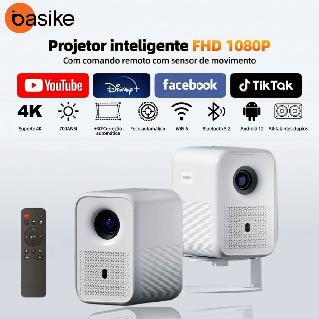 Projetor Basike Inteligente 12000LM 1080P 4K WiFi Projetor Correção Keystone Automática Foco automático